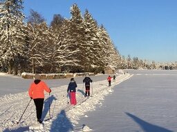 Eine Menschgruppe die beim Langlaufski auf der Besenfelder Loipe unterwegs sind