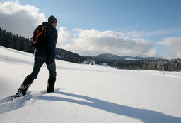 Ein Mann mit Schneeschuhen im Schnee beim Winterwandern